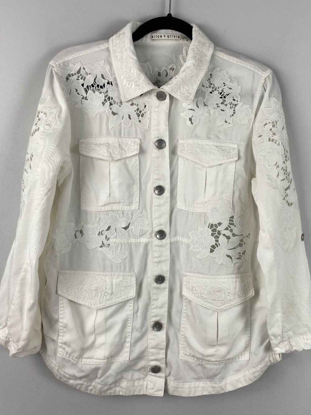 Alice + Olivia Floral Lace Jacket Size Small White Button Front Lyocell